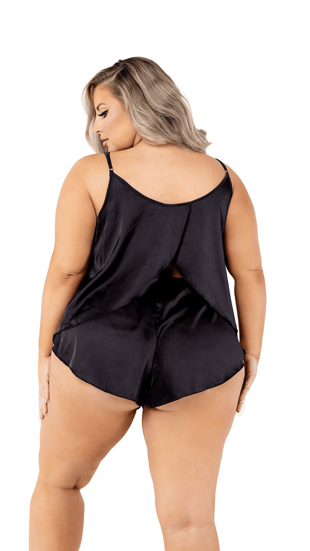 Naughty Kitten Clothing Soft Satin Tulip Short Set Black Rear View Loungewear  Plus Size Lingerie Set
