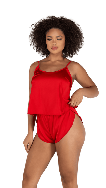Naughty Kitten Clothing Soft Satin Tulip Short Set Red Front View Loungewear  Lingerie Set