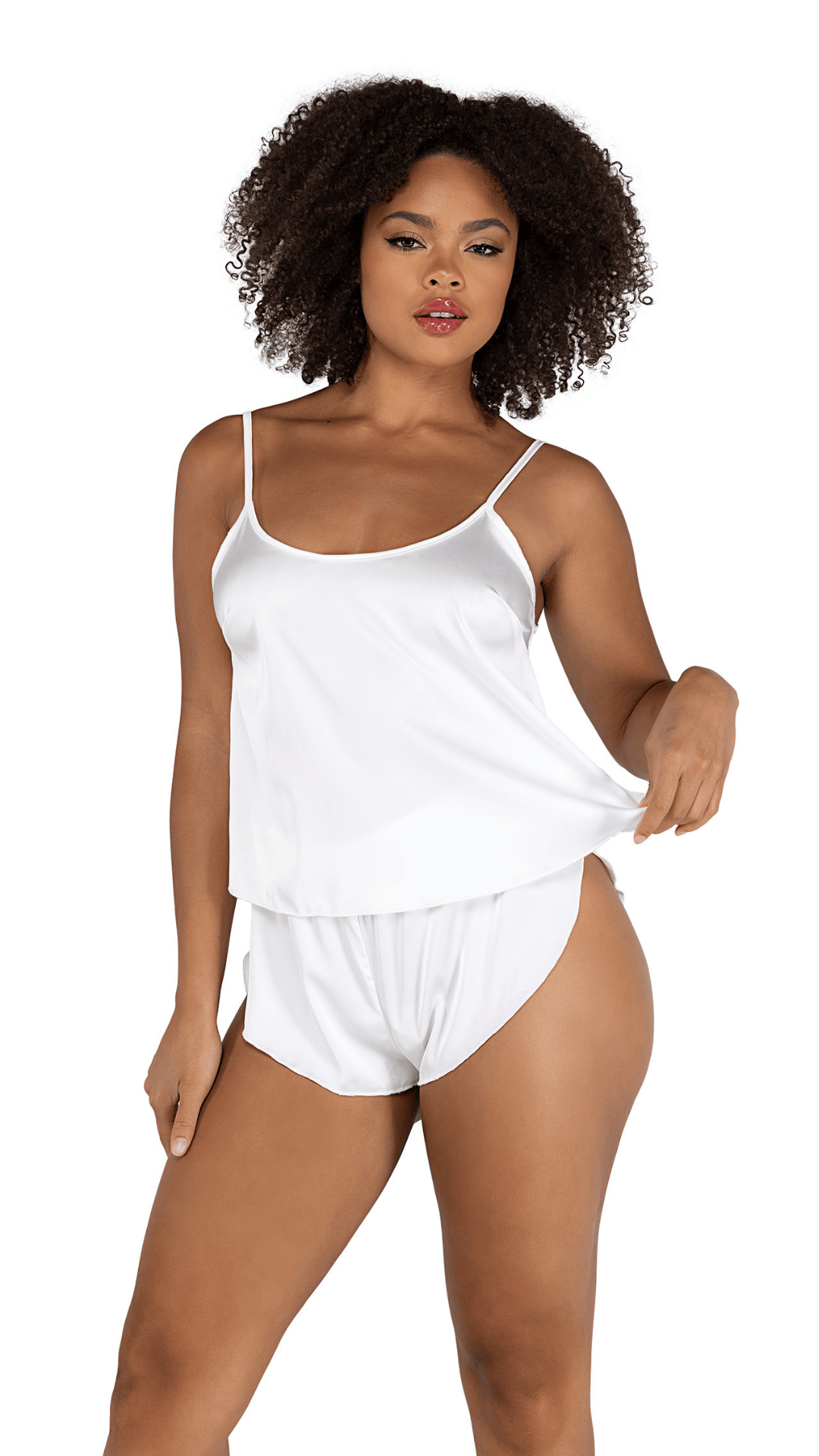 Naughty Kitten Clothing Soft Satin Tulip Short Set White Front View Loungewear  Lingerie Set