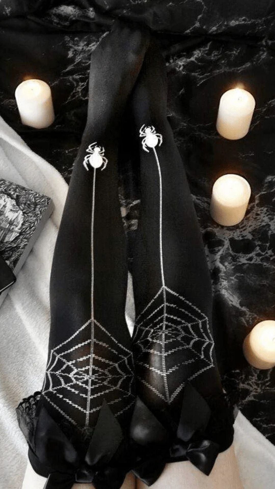 Naughty Kitten Clothing Spider Web Black Stockings With Bowknot Front View Thigh High Stockings  Alternative Gothic women's Fashion Accessories