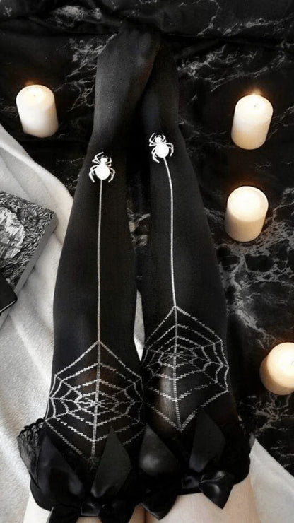 Naughty Kitten Clothing Spider Web Black Stockings With Bowknot Front View Thigh High Stockings  Alternative Gothic women's Fashion Accessories