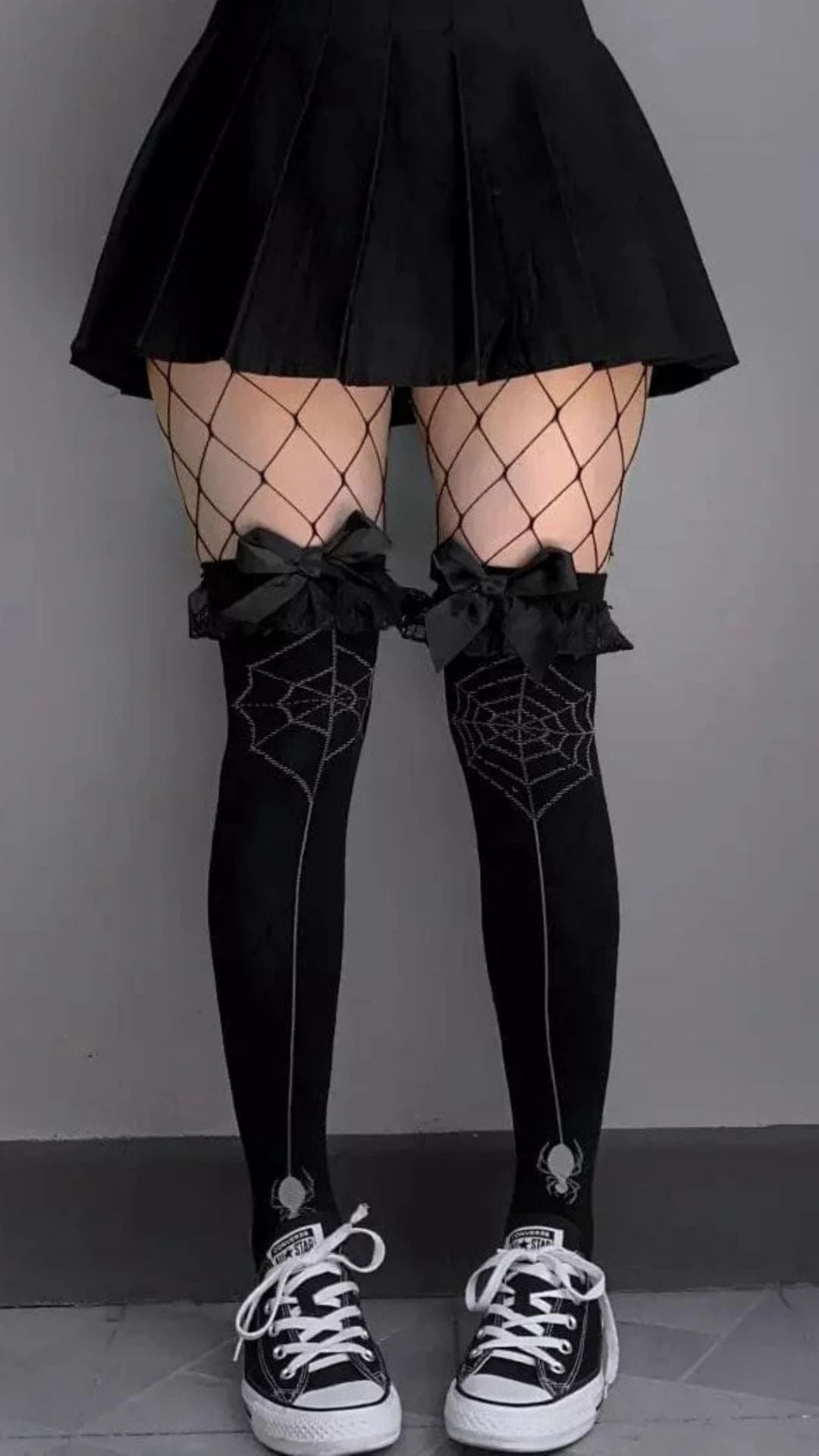 Naughty Kitten Clothing Spider Web Black Stockings With Bowknot Front View Thigh High Stockings  Alternative Gothic women's Fashion Accessories