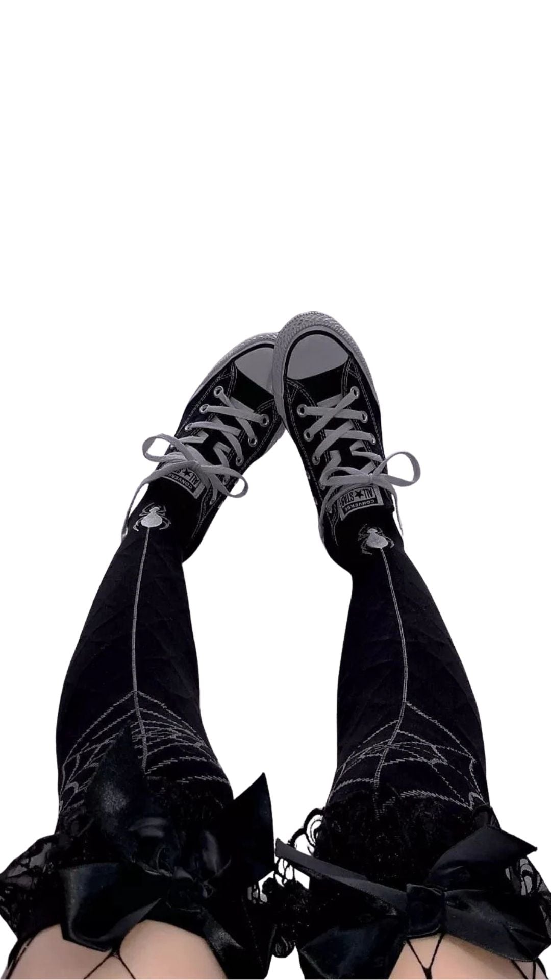 Naughty Kitten Clothing Spider Web Black Stockings With Bowknot Front View Thigh High Stockings  Alternative Gothic women's Fashion Accessories