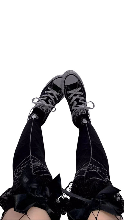Naughty Kitten Clothing Spider Web Black Stockings With Bowknot Front View Thigh High Stockings  Alternative Gothic women's Fashion Accessories