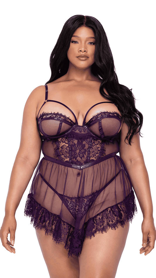 Naughty Kitten Clothing Sugar Plum Babydoll 2-Piece Set front View Plus Size Lingerie