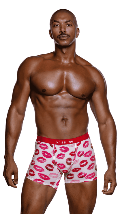 Sweet Smooch Boxer Briefs – white and red lipstick kiss print men’s modal knit underwear, front view
