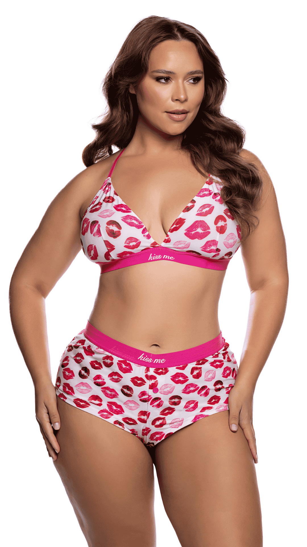 Sweet Smooch Short Set – lipstick kiss print modal knit loungewear set, plus size front view