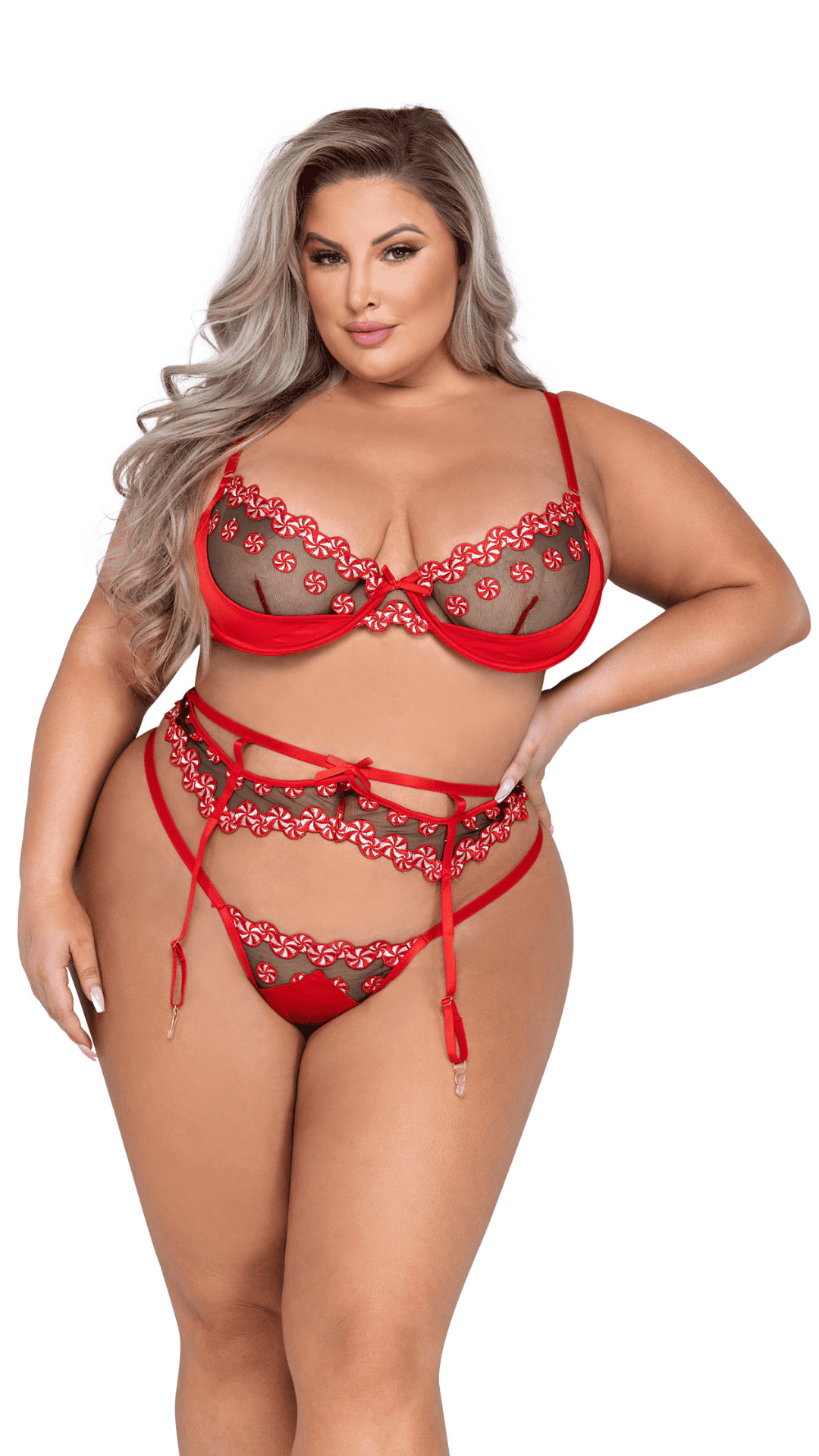 Naughty Kitten Sweet & Sticky 3-Piece Garter Set Front View Lingerie Plus Size