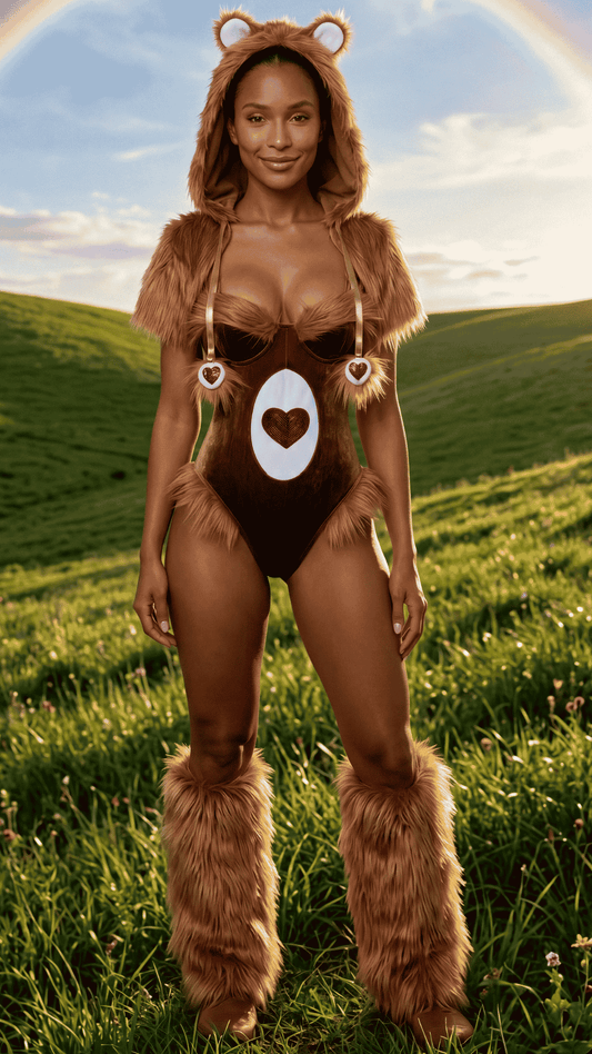 Tender Bear Tease Costume – hooded faux fur shrug with bear ears, velvet bodysuit and leg warmers, front view