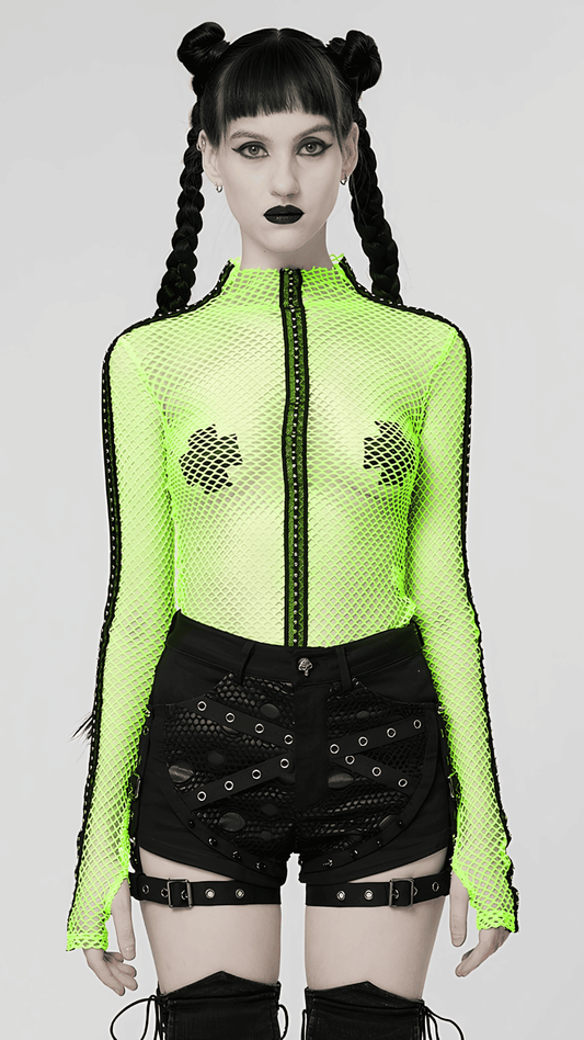 Naughty Kitten Clothing Toxic Doll Mesh Top Neon Green Front View Women's Alternative Gothic Top