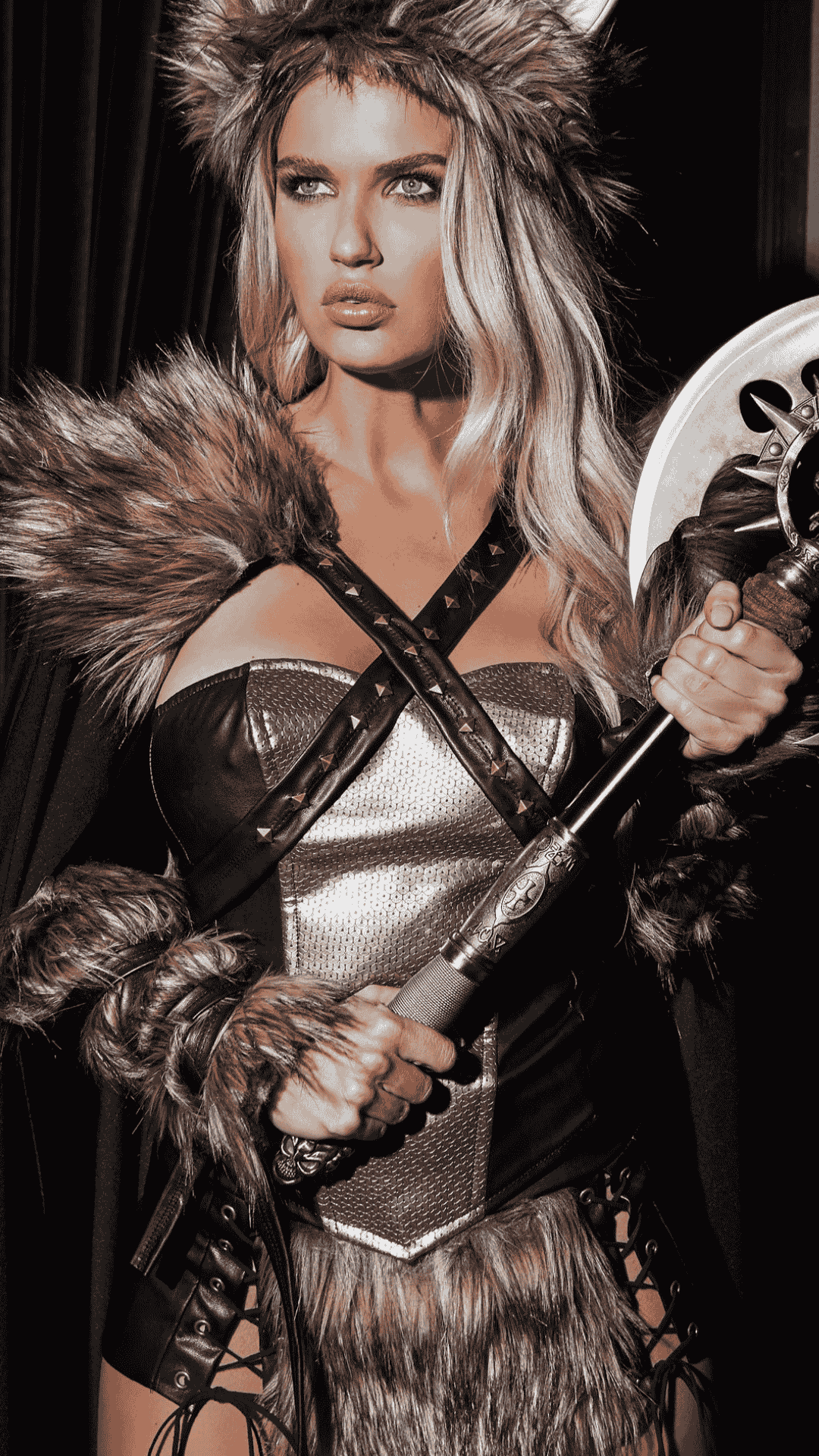 Naughty Kitten Viking Warrior Costume Front View Women's Halloween Costume