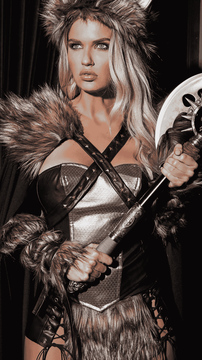 Naughty Kitten Viking Warrior Costume Front View Women's Halloween Costume