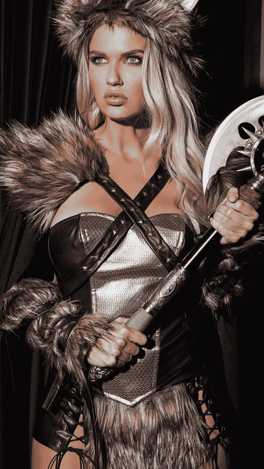 Naughty Kitten Viking Warrior Costume Front View Women's Halloween Costume