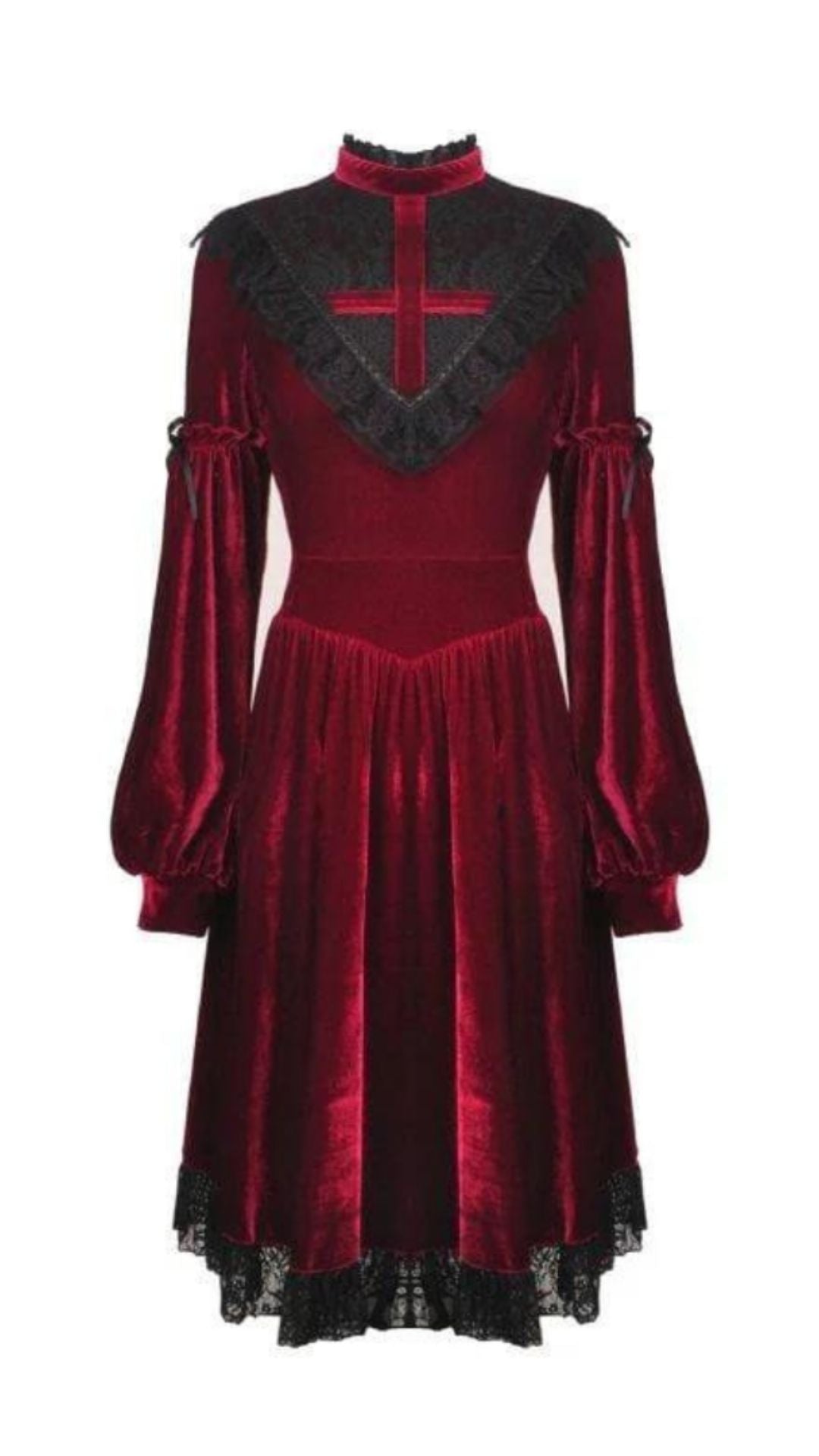 Naughty Kitten Clothing Women's Vintage Lace Collar Velvet Dresses Red Front View Alternative Gothic Wear