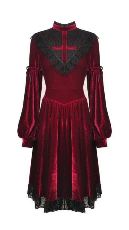 Naughty Kitten Clothing Women's Vintage Lace Collar Velvet Dresses Red Front View Alternative Gothic Wear