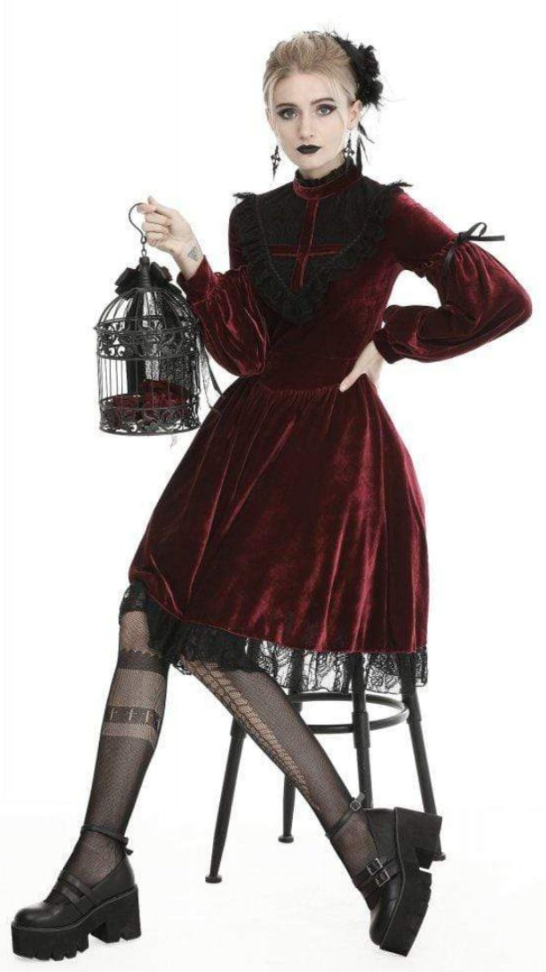 Naughty Kitten Clothing Women's Vintage Lace Collar Velvet Dresses Red Front View Alternative Gothic Wear