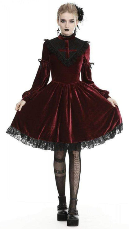 Naughty Kitten Clothing Women's Vintage Lace Collar Velvet Dresses Red Front View Alternative Gothic Wear