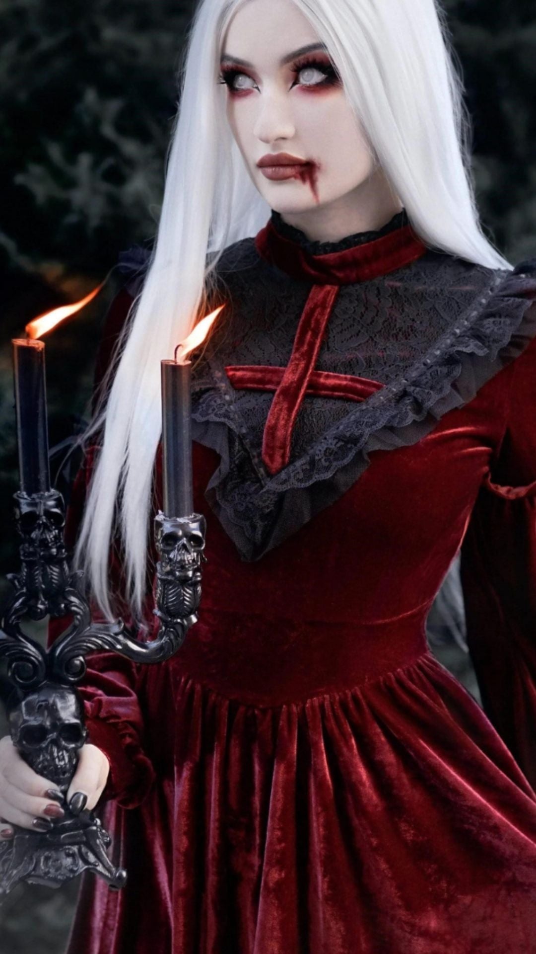 Naughty Kitten Clothing Women's Vintage Lace Collar Velvet Dresses Red Front View Alternative Gothic Wear