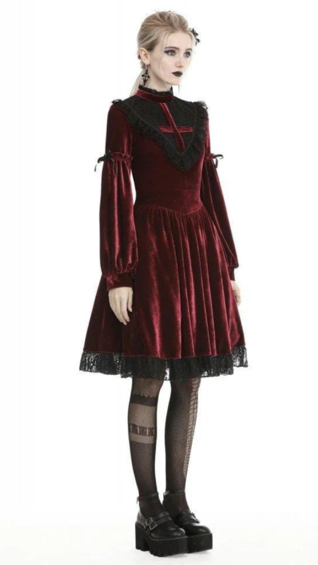 Naughty Kitten Clothing Women's Vintage Lace Collar Velvet Dresses Red Side View Alternative Gothic Wear