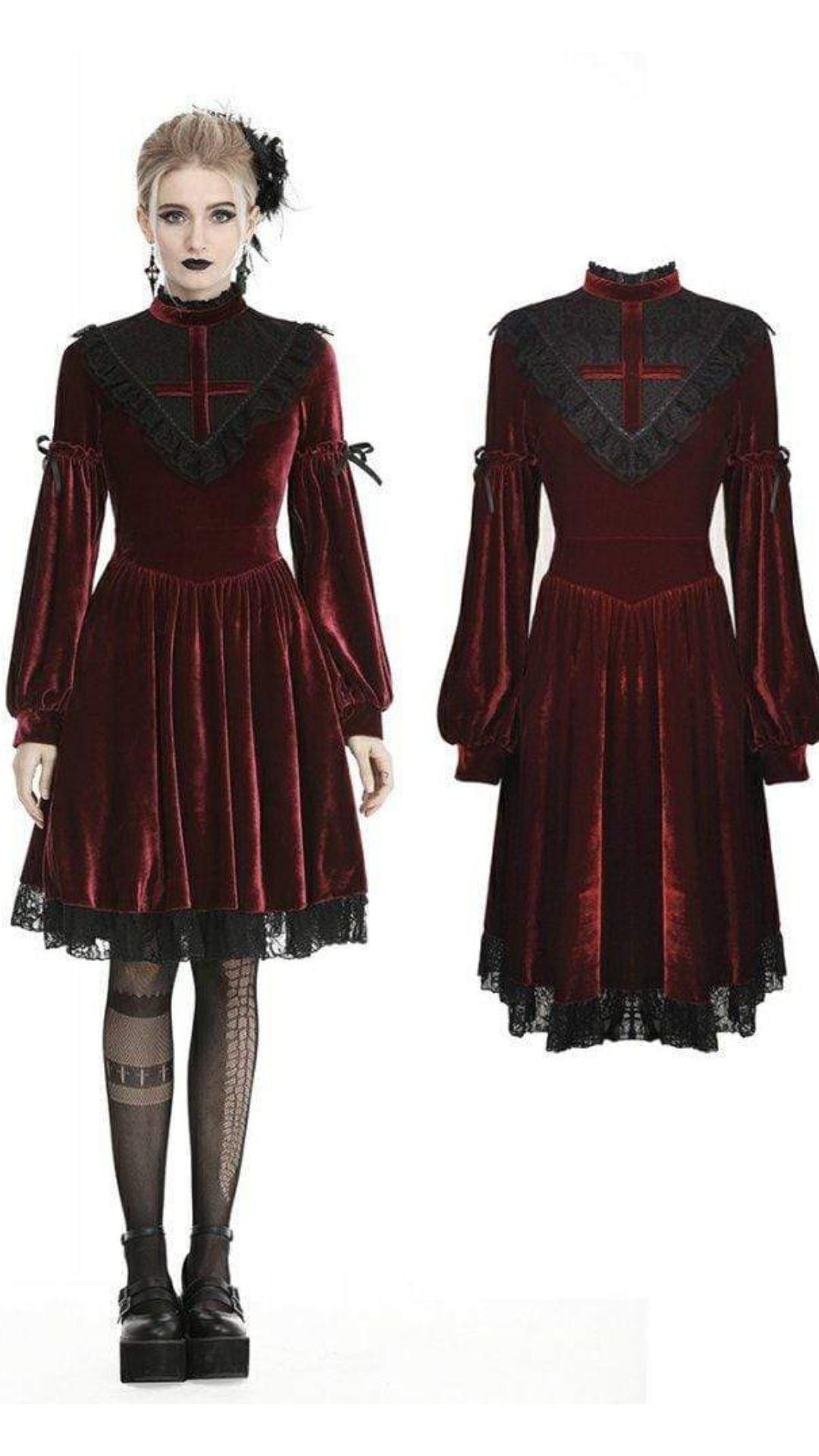 Naughty Kitten Clothing Women's Vintage Lace Collar Velvet Dresses Red Front View Alternative Gothic Wear