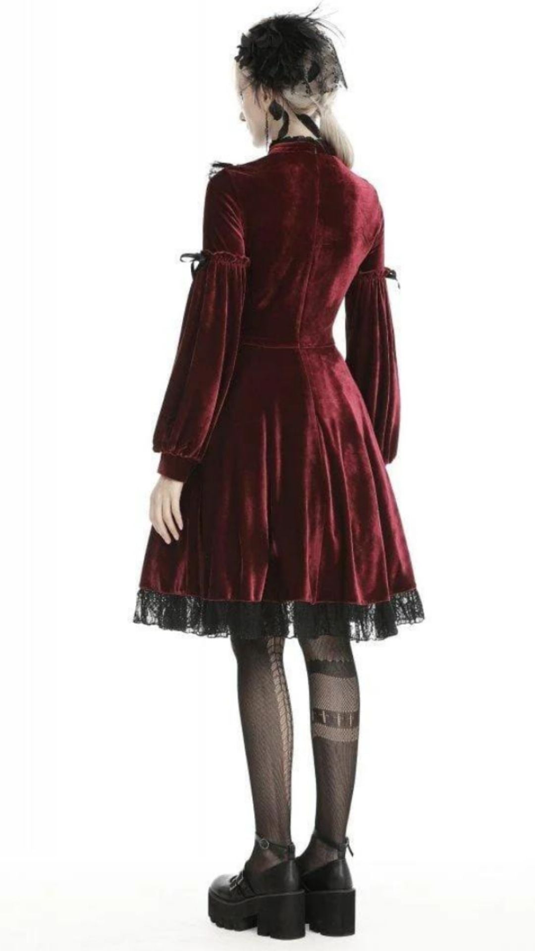 Naughty Kitten Clothing Women's Vintage Lace Collar Velvet Dresses Red Rear View Alternative Gothic Wear