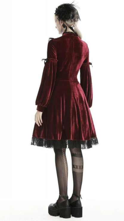 Naughty Kitten Clothing Women's Vintage Lace Collar Velvet Dresses Red Rear View Alternative Gothic Wear