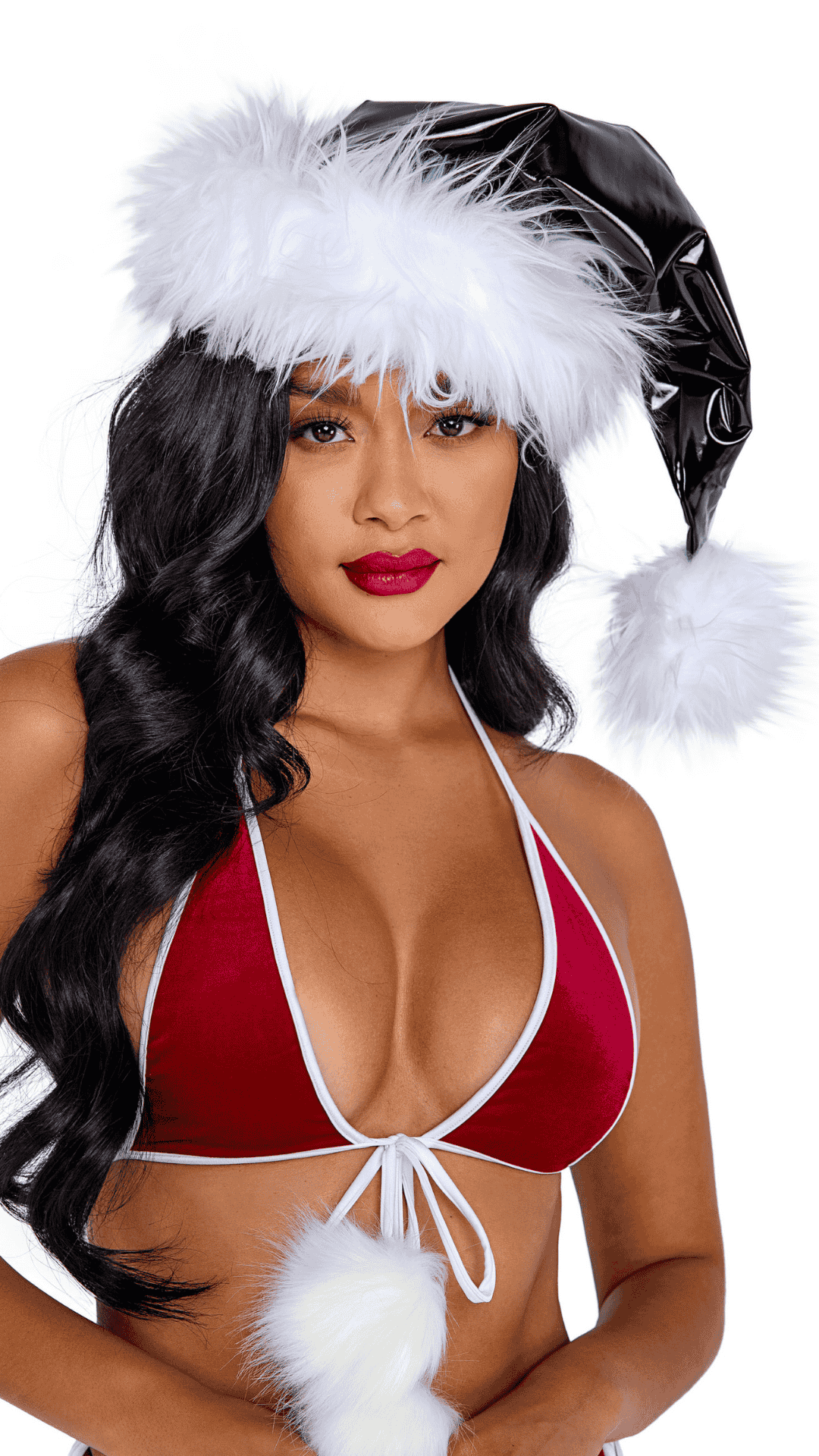 Naughty Kitten Christmas Costume Accessories Vinyl & Faux Fur Santa Hat Black Vinyl White Fur