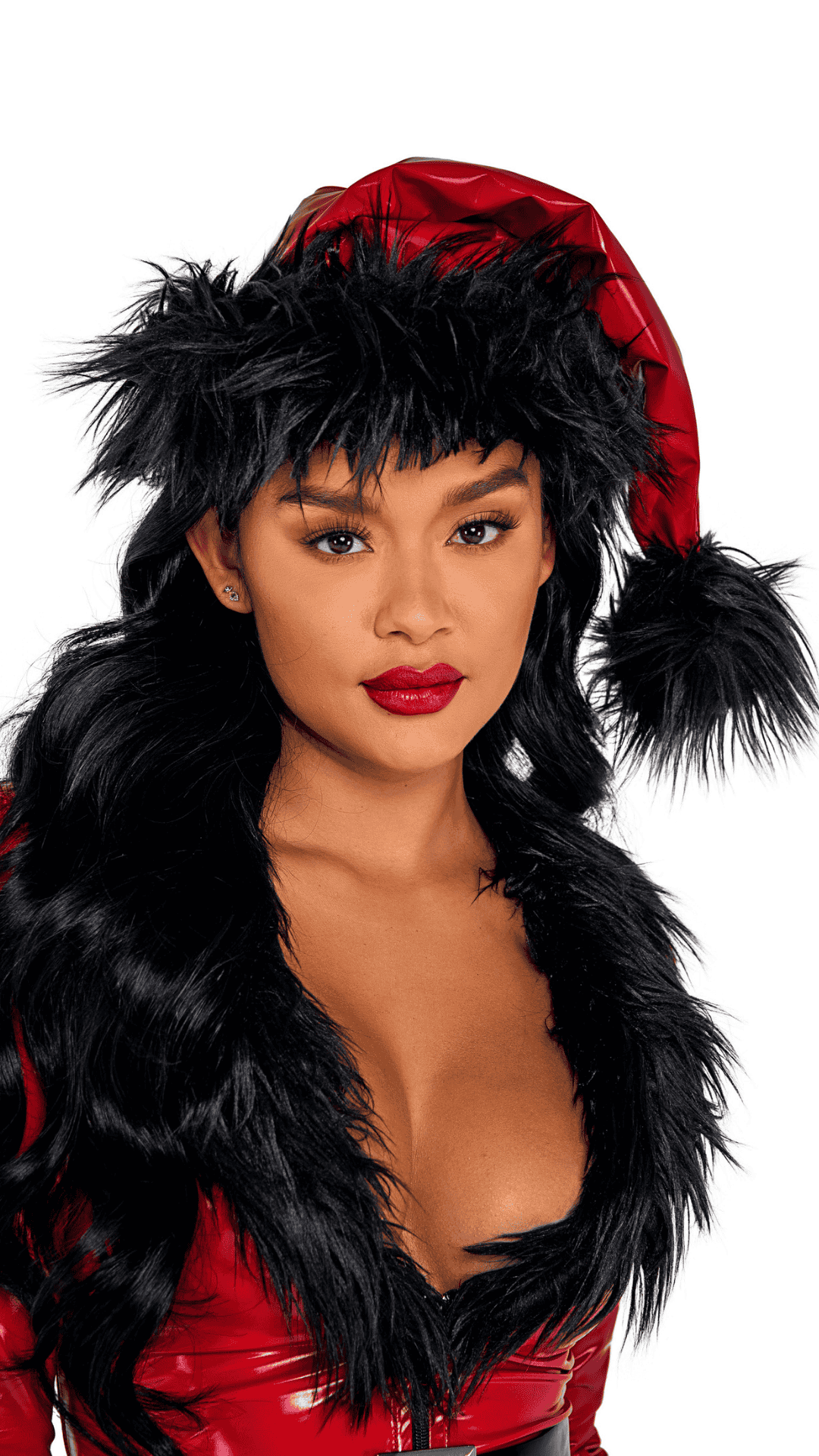 Naughty Kitten Christmas Costume Accessories Vinyl & Faux Fur Santa Hat Red Vinyl Black Fur