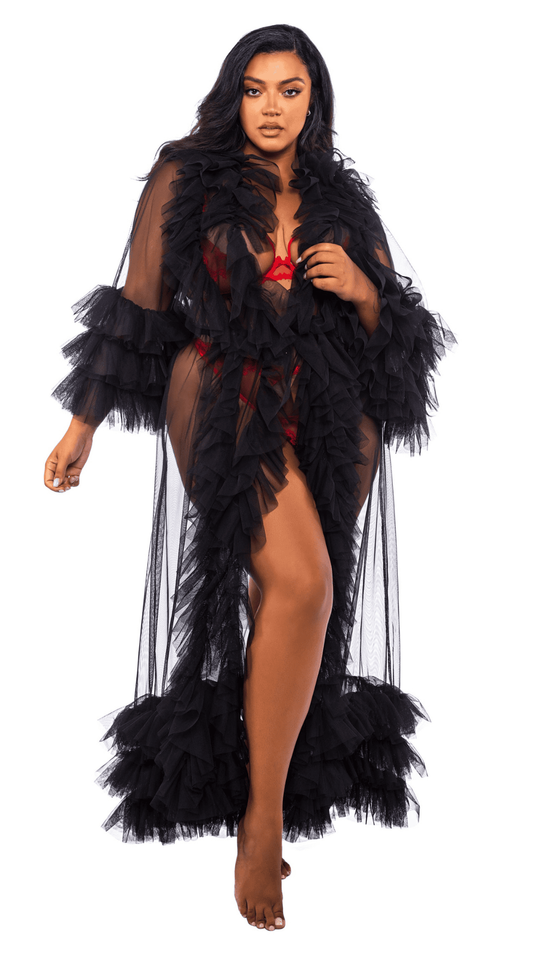 Naughty Kitten Clothing Voguish Glam Luxury Robe Front View Black Women's Lingerie Queen Plus Size