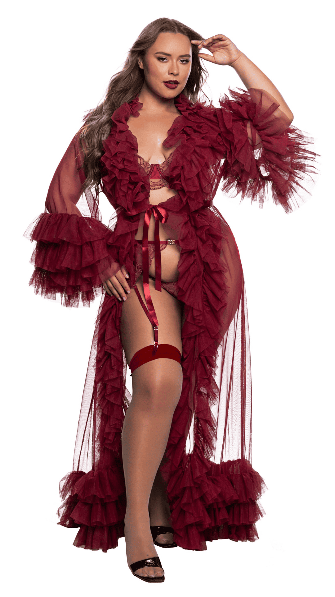 Naughty Kitten Clothing Voguish Glam Luxury Robe Front View Merlot Women's Lingerie Queen Plus Size