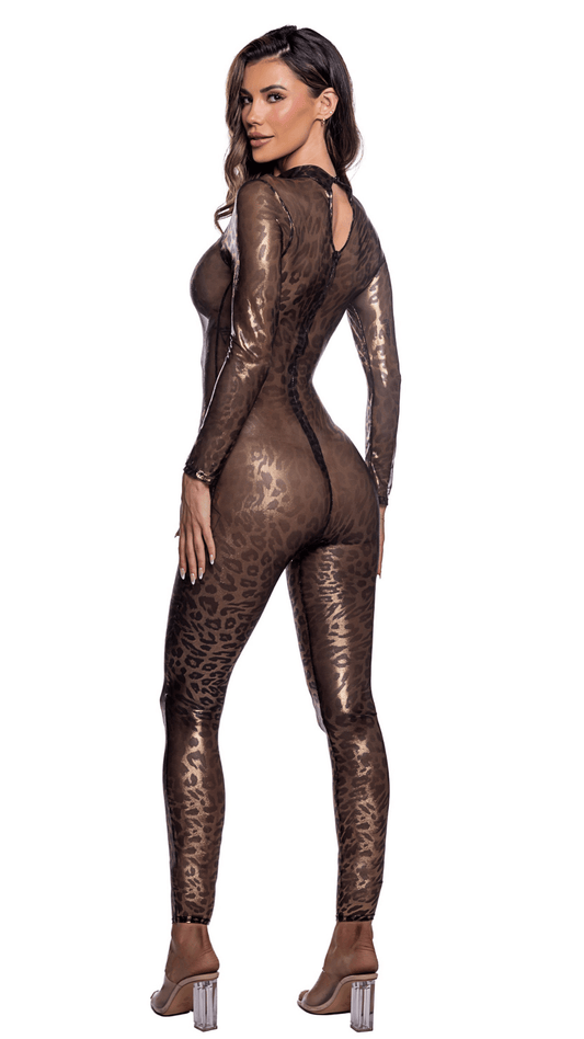 Wild Cheetah Bodysuit – tonal leopard print shimmer mesh bodysuit with zipper back, rear view