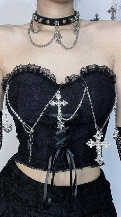 Naughty Kitten Clothing Women's Gothic Cross Chain Lace Bustier Front View Alternative Gothic Women's Fashion