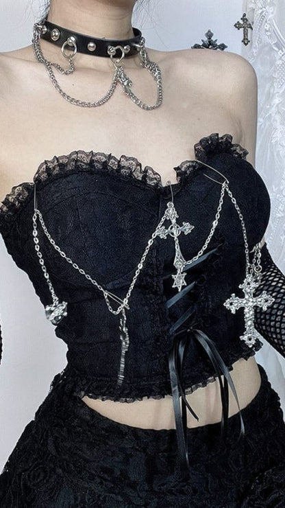 Naughty Kitten Clothing Women's Gothic Cross Chain Lace Bustier Front View Alternative Gothic Women's Fashion