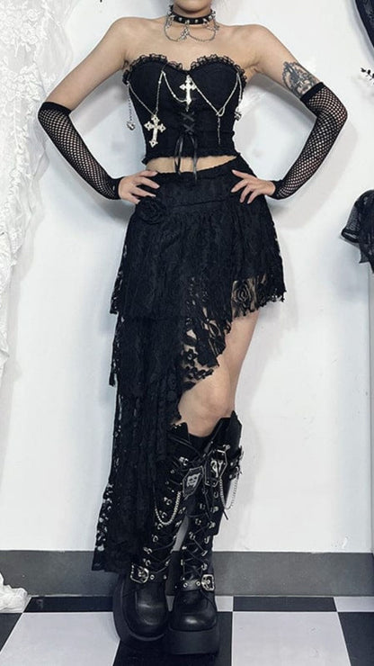 Naughty Kitten Clothing Women's Gothic Cross Chain Lace Bustier Front View Alternative Gothic Women's Fashion