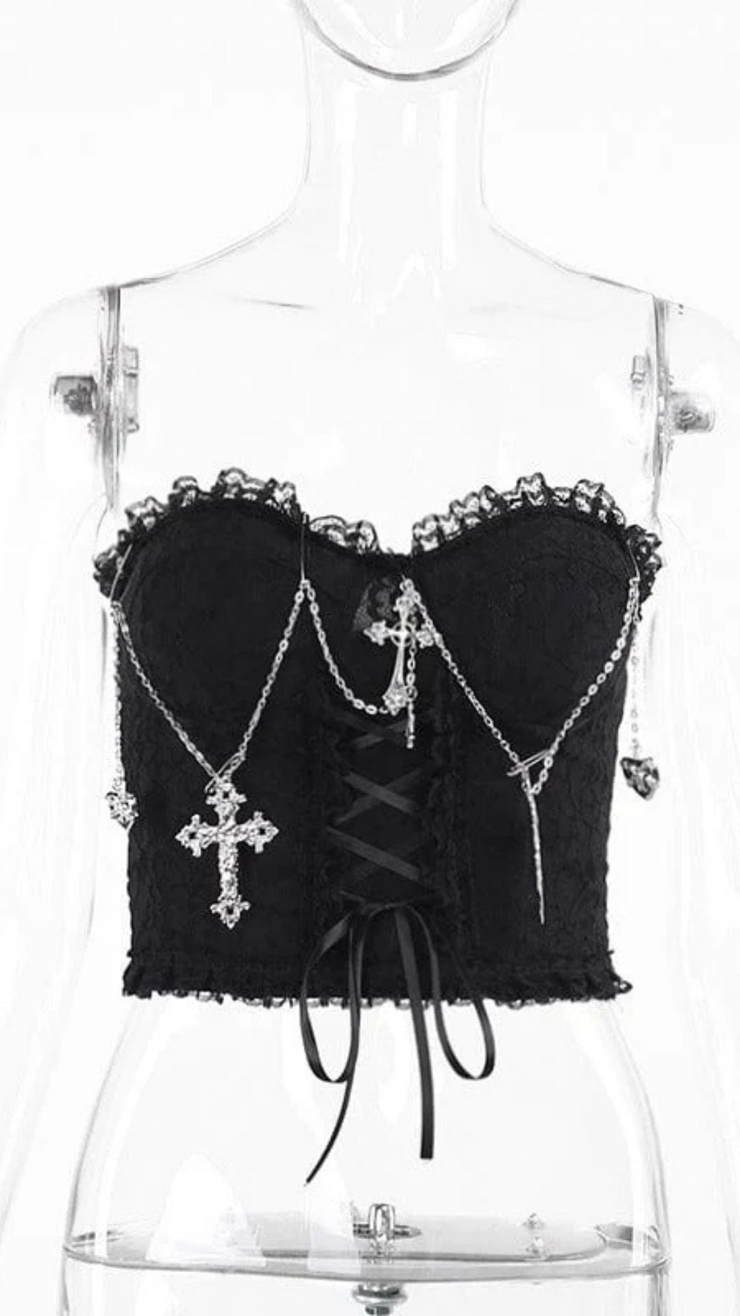 Naughty Kitten Clothing Women's Gothic Cross Chain Lace Bustier Front View Alternative Gothic Women's Fashion