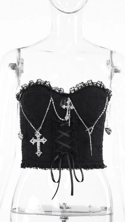 Naughty Kitten Clothing Women's Gothic Cross Chain Lace Bustier Front View Alternative Gothic Women's Fashion