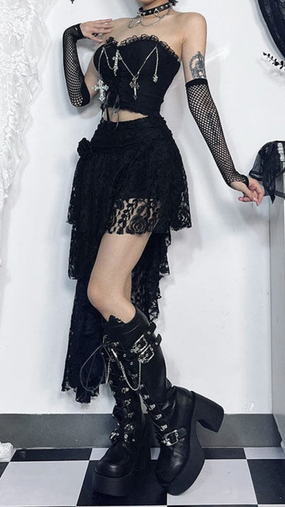 Naughty Kitten Clothing Women's Gothic Cross Chain Lace Bustier Side View Alternative Gothic Women's Fashion