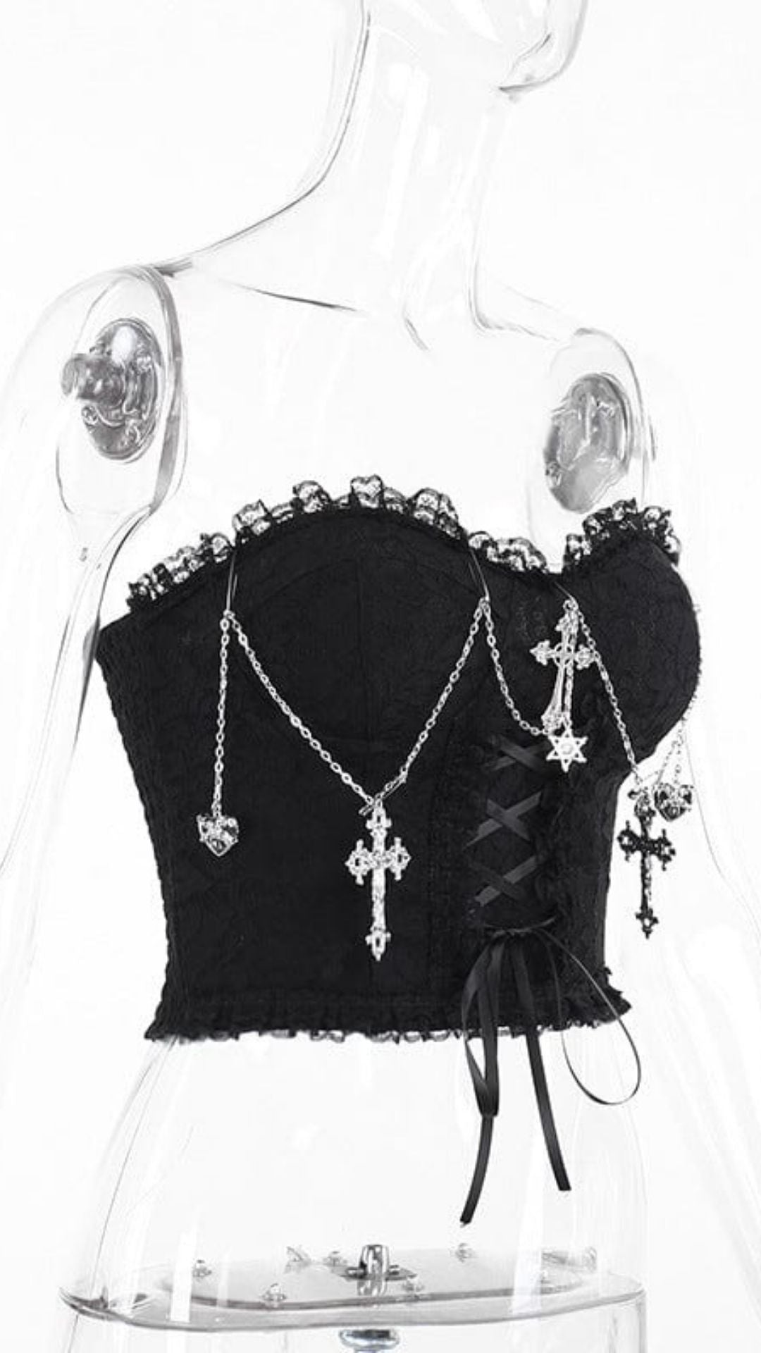 Naughty Kitten Clothing Women's Gothic Cross Chain Lace Bustier Side View Alternative Gothic Women's Fashion