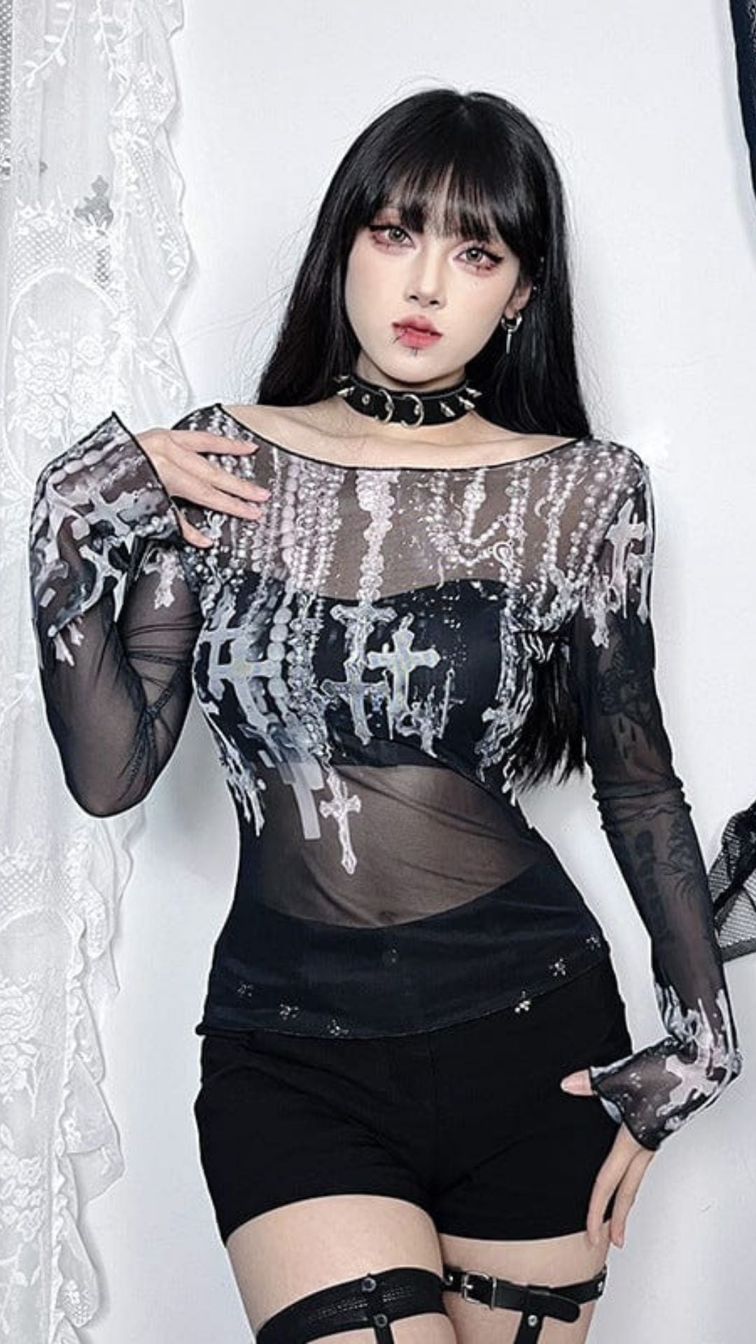 Naughty Kitten Clothing Women's Gothic Off-the-shoulder Cross Printed Mesh Shirt Front View Alternative Gothic Wear