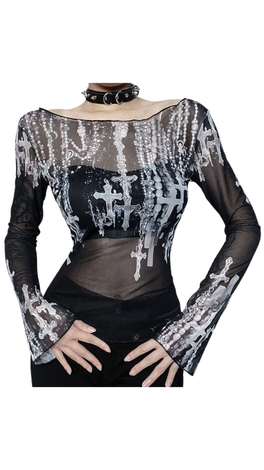 Naughty Kitten Clothing Women's Gothic Off-the-shoulder Cross Printed Mesh Shirt Front View Alternative Gothic Wear