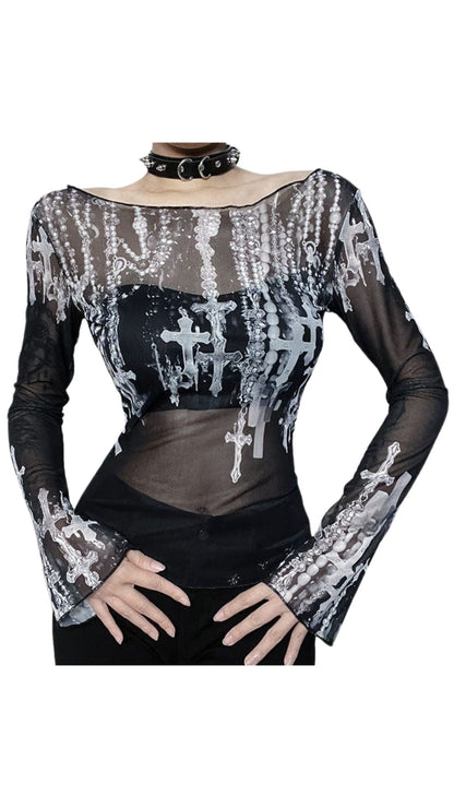 Naughty Kitten Clothing Women's Gothic Off-the-shoulder Cross Printed Mesh Shirt Front View Alternative Gothic Wear