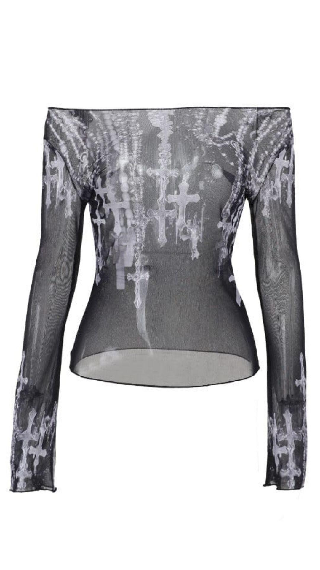 Naughty Kitten Clothing Women's Gothic Off-the-shoulder Cross Printed Mesh Shirt Front View Alternative Gothic Wear