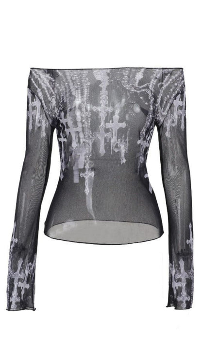 Naughty Kitten Clothing Women's Gothic Off-the-shoulder Cross Printed Mesh Shirt Front View Alternative Gothic Wear