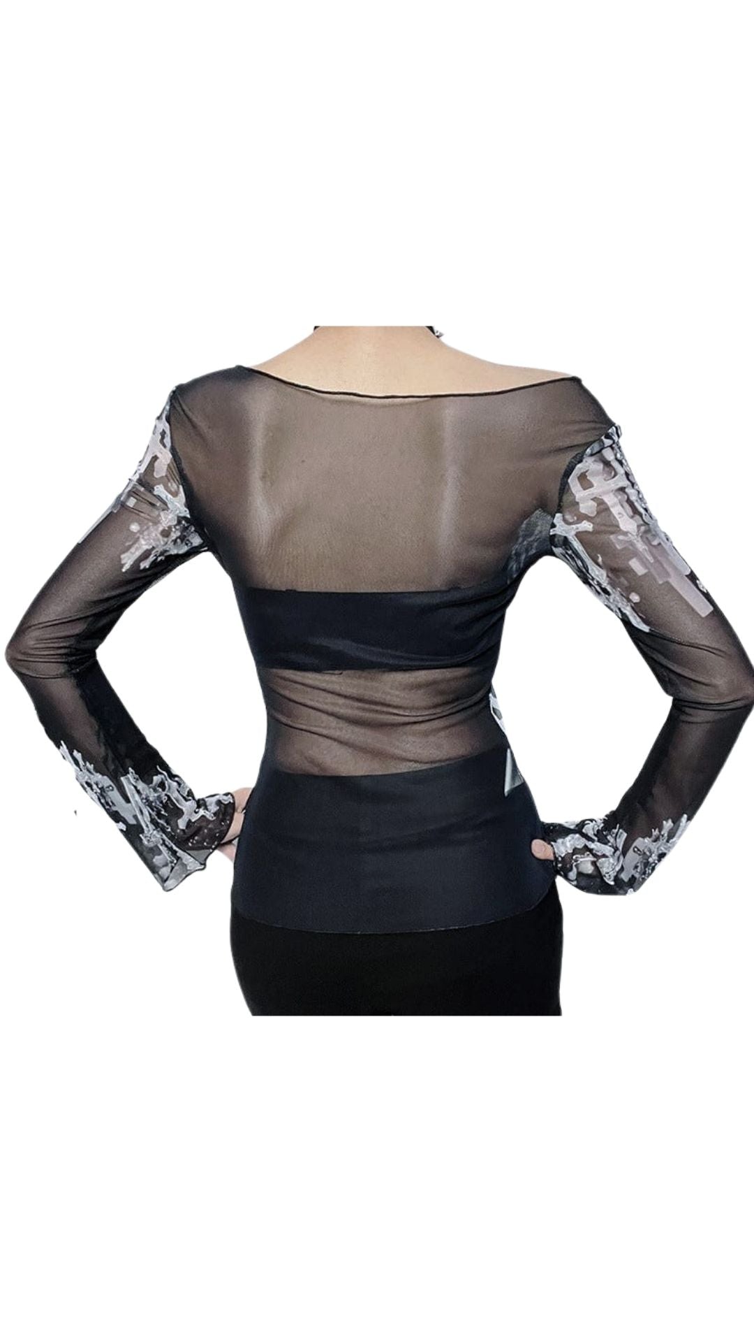 Naughty Kitten Clothing Women's Gothic Off-the-shoulder Cross Printed Mesh Shirt Rear View Alternative Gothic Wear