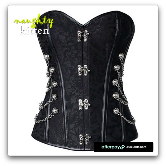 Naughty Kitten Stella Brocade & Chains Corset Front View Black