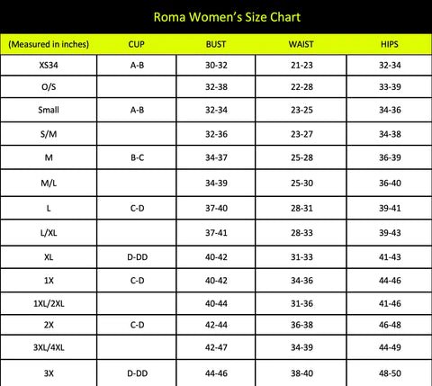 Naughty Kitten Roma Women's Size Chart