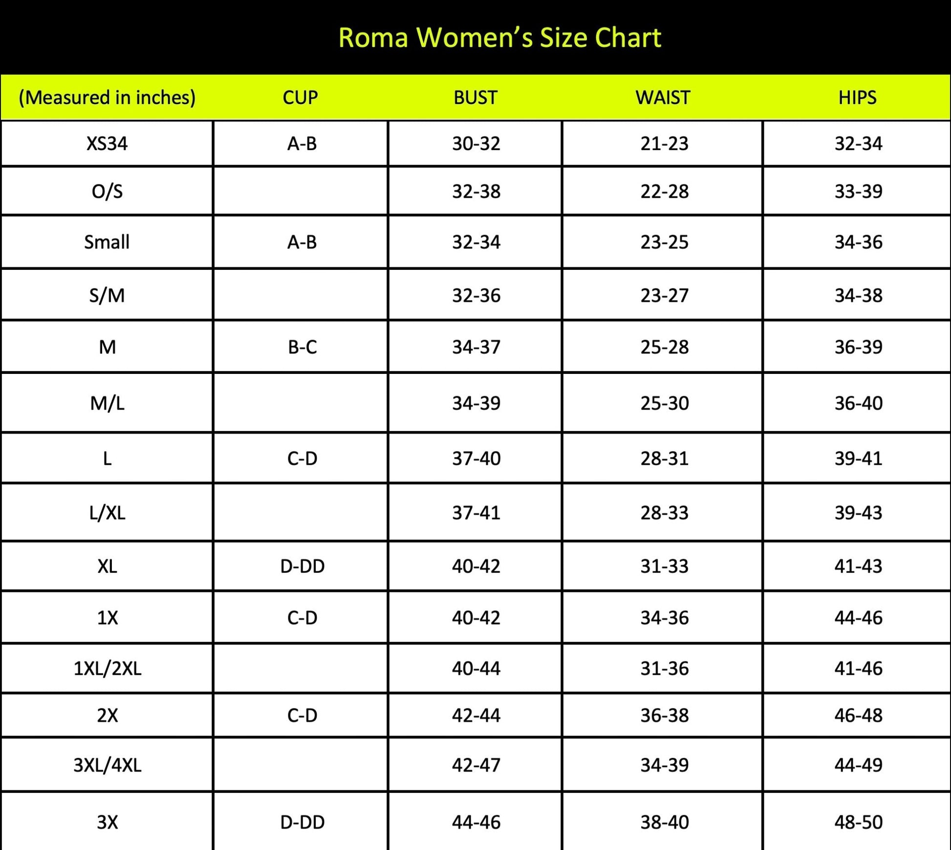 Naughty Kitten Clothing Women's Size Chart